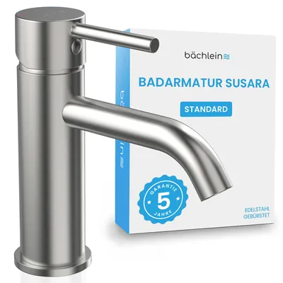 Produktbild von Bächlein Badarmatur Susara mit gebogenem Auslauf, Design Einhebelmischer mit langlebiger Keramikkartusche und Montage-Set, Bad Wasserhahn Edelstahl gebürstet