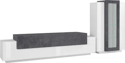 Produktbild von Wohnzimmermöbel Djazir, TV-Ständer Wohnzimmergarnitur, Mehrzweck-Wohnzimmermöbel, 100%  Italy, cm 280x45h121, glänzend weiß und Schiefer