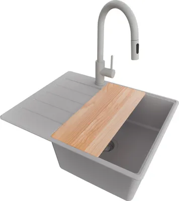 Produktbild von PRIMAGRAN Granitspüle Grau 62x50cm, Spülbecken 1 Becken + Küchenarmatur 40x20cm + Ablauf-Set + Schneidebrett, Küchenspüle ab 45er Unterschrank - Kopenhagen