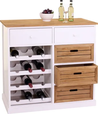 Zdjęcie produktu dla Stojak na wino HWC-B96, komoda na 12 butelek z szufladami, dom wiejski 86x87x37cm
