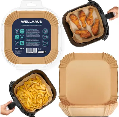 Produktbild von WELLHAUS Backpapier für Heißluftfritteuse, 100 Stück Quadrat 16x16 cm Air fryer Backpapier Antihaft Einwegschalen Luftfritteuse Pergamentpapier