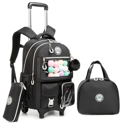 Produktbild von Kinder Trolley Rucksack Schultasche Mädchen mit Lunchtasche und Federmäppchen Schwarz 43x30x18cm