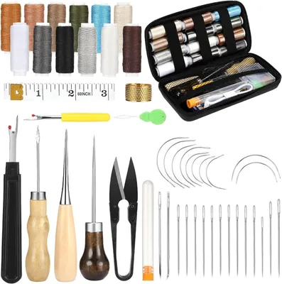 Produktbild von 48 PCS Leder NäHset, Leder Werkzeug set Mit 12 Farben NäHgarn, Auswerferstift, NäHnadeln, Ahle und NäHentferner Multifunktional DIY LedernäHset