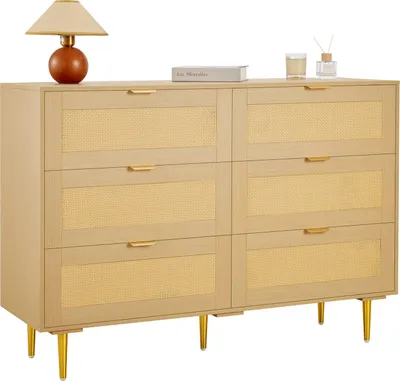 Immagine prodotto di Cassettiera in rattan - Credenza con 6 cassetti - Maniglie e gambe in metallo - Design moderno - Tanto spazio - 120 x 39,5 x 85,4 cm - Per camera da letto, soggiorno, corridoio