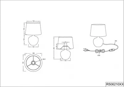 Technical drawings and dimensions of a table lamp.