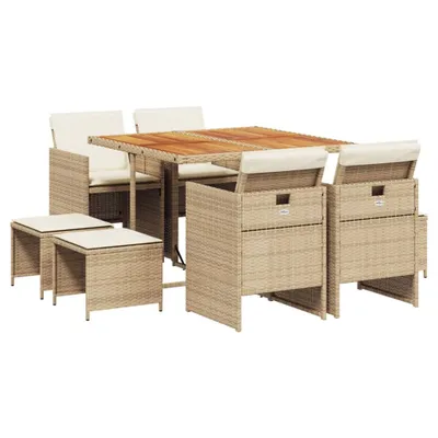 Produktbild von 9-tlg. Garten-Essgruppe mit Kissen Beige Poly Rattan