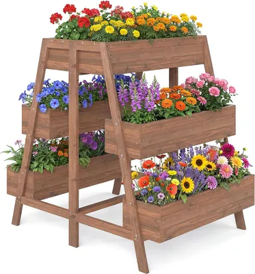 Image de Jardinière surélevée en bois à plusieurs niveaux avec 6 bacs, 126 x 90 x 115 cm