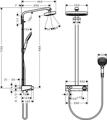 Produktbild von Hansgrohe Showerpipe Raindance Select Weiss / Chrom ShowerTablet Kopfbrause Raindance E Air 2jet 300