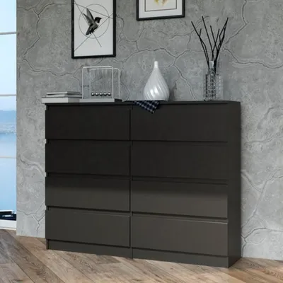 Obrázok produktu pre Komoda, predsieň do spálne, šatníková skriňa, príborník, vysoká doska s 8 zásuvkami, šírka 120 cm, výška 97 | čierna