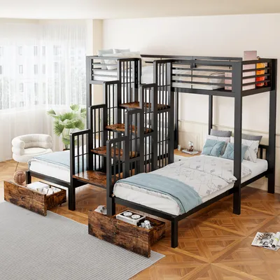 Image de Lit superposé Flieks 90x200 cm avec escalier, lit en hauteur avec barrières de sécurité et structure en acier, lit pour enfant avec tiroirs, noir, bois et métal