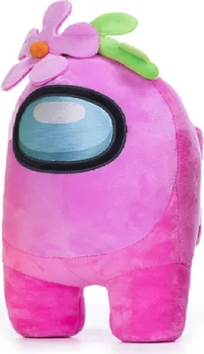 A pink Among Us plush toy with a flower accessory on its head, standing upright against a white background.