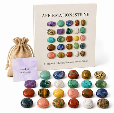 24 Affirmations-Edelsteine mit Karten im Jutesack – Geschenkset
