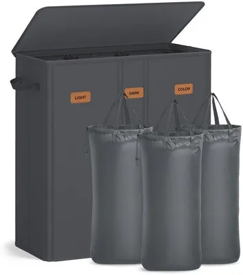 Produktbild von Famanu Wäschekorb mit 3 Fächern, 160 L, mit Deckel und 5 Etiketten zur Wäschetrennung