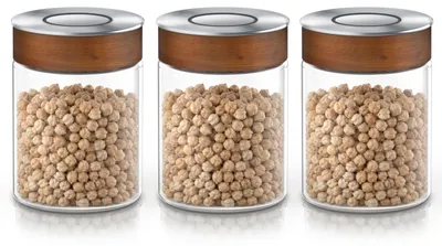 Immagine prodotto di Set di 3 contenitori per alimenti da 750 ml ciascuno, realizzati in vetro borosilicato, con coperchio a pressione ermetico. I contenitori sono trasparenti e dotati di coperchio in acciaio inossidabile con guarnizione in silicone