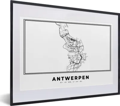 Produktbild von MuchoWow® Gerahmtes Poster Karte - Antwerpen - Schwarz und weiß - Stadtplan - Belgien 40x30 cm - Poster mit Schwarzem Bilderrahmen Wandposter Rahmen Foto Bilder - Bilderrahmen - Poster im Rahmen