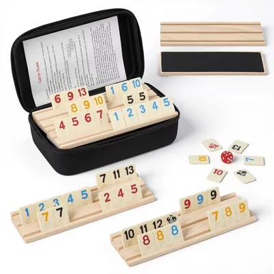 Produktbild von Rummy Spielset - Rummikub Legespiel - 160 Spielsteine - Holzablagen mit 6 Reihen - Für 2–6 Spieler - Tragetasche - Hellgrau