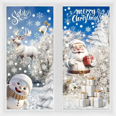 Immagine prodotto di Adesivi per finestre a tema natalizio, 8 pezzi, bianchi, 21x28 cm, autoadesivi, decorazioni con Babbo Natale, renna e fiocchi di neve