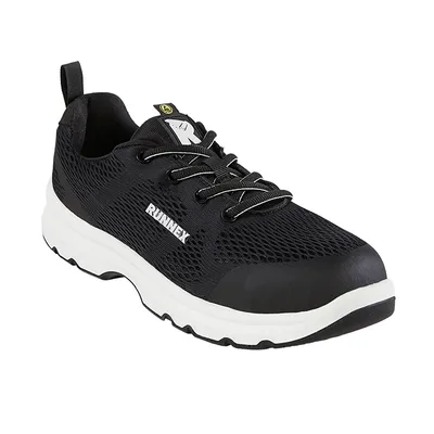 A black and white RUNNEX safety shoe is shown against a white background.