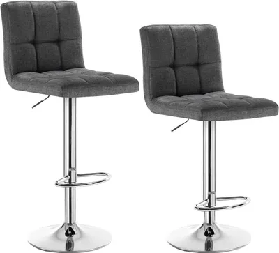Two dark gray bar stools with silver legs and bases are shown against a white background.