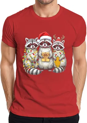 Produktbild von Weihnachts Waschbären Lustig Geschenk Lichterkette Weihnachtsmütz Herren T-Shirt, Rot, 3XL