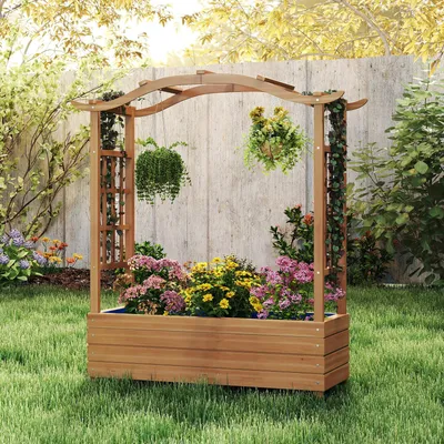 Obrázok produktu pre COSTWAY 110x40x124cm vyvýšený záhon, kvetináč s mriežkou, závesnou strieškou, podperou na popínavé rastliny a vložkou, kvetinový box na popínavé rastliny a závesné koše Hnedá