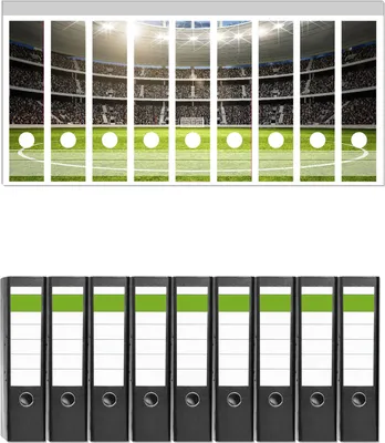 Produktbild von Wallario 9 Stück breite Ordner inkl. Klebeetiketten mit Motive Fußballstadion Mittellinie -  Set mit Rückenschildern / Ordnerrücken Stickern