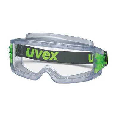 A pair of clear safety goggles with a gray and green strap.