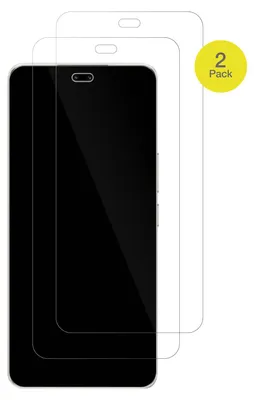 Two screen protectors for a smartphone are shown, with one protector layered on top of a smartphone screen.