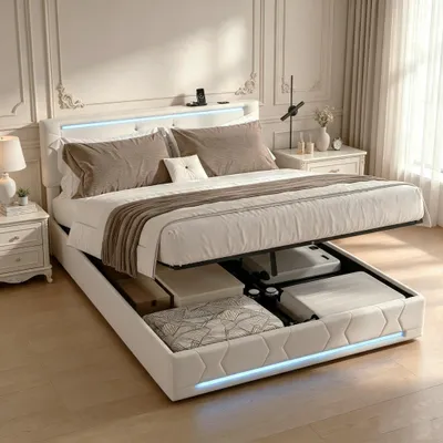 Produktbild von INONEFT Boxspringbett 160x200cm, Polsterbett Doppelbett mit LED und USB, Hydraulisches Stauraumbett mit lattenrost und Kopfteil, Leinen, Beige