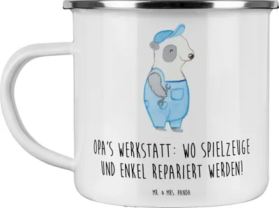 Produktbild von Mr. & Mrs. Panda Emaille Tasse Großeltern Werkstatt - Weiß - Geschenk, Pott, Generationen, Kaffeepott, Reparatur, Weisheit, Enkelkinder, Emailletasse, Lächeln, Jubiläen