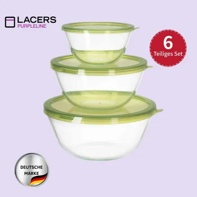 Produktbild von Lacers Purpleline Hochborosilikatglas Salatschüssel im 6teiligen Set - 1x 1000 ml, 1x 2500 ml, 1x 4200 ml mit Deckeln - spülmaschinenfest -
