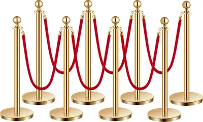 A group of gold stanchions with red ropes.