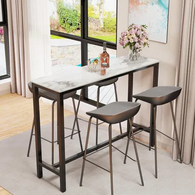 Produktbild von Bartresen, Smaragdgrün, Weiß, Bistrotisch, Marmor, Beistelltisch, Küche, Küchentisch, rechteckig, schmal, mit schwarzem Metallgestell, für Küche, Wohnzimmer, Esszimmer