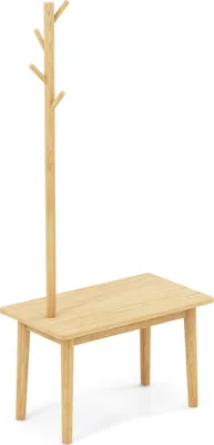 Produktbild von GOPLUS Garderobenständer aus Holz, Kleiderständer mit Beistelltisch oder Sitzbank, Garderobe mit 4 Haken, Flurregal für Flur, Schlafzimmer, Wohnzimmer, 76 x 43 x 168 cm (Natur)