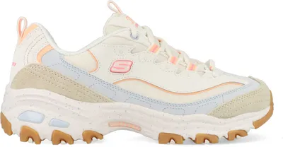 A side view of a white Skechers D'Lites sneaker with beige, blue, and pink accents.