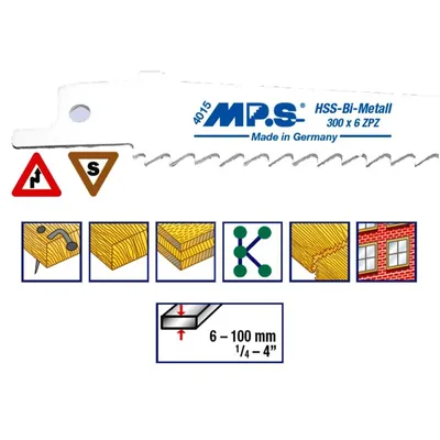 Produktbild von MPS Bi-Metall-Säbelsägeblatt gefräst und geschränkt Gesamtlänge 150/verzahnte Länge 130mm, Zahnteilung 4,2mm : 150 mm : 4,2 mm Ausführung: 150 mm Zahnteilung: 4,2 mm