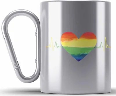 Produktbild von Trendation - Regenbogen Edelstahl Tasse Karabiner Geschenk LGBT Schwule Lesben Transgender Grafik Pride Herzschlag (Silber)