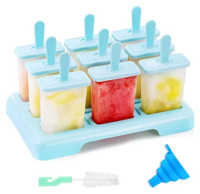 Produktbild von Eisform 9 Eisform Mehrwegform Eiscreme DIY Kreatives Eis am Stiel BPA-frei - Ausgestattet mit Reinigungsbürste und Silikon-Klapptrichter (gelb)