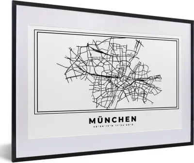 Produktbild von MuchoWow® Gerahmtes Poster Karte - Stadtplan - München - Deutschland - Schwarz-Weiß 60x40 cm - Poster mit Schwarzem Bilderrahmen Wandposter Rahmen Foto Bilder - Schlafzimmer - Plakat in Rahmen - Drucken