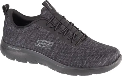 A studio shot of a black Skechers sneaker against a white background.