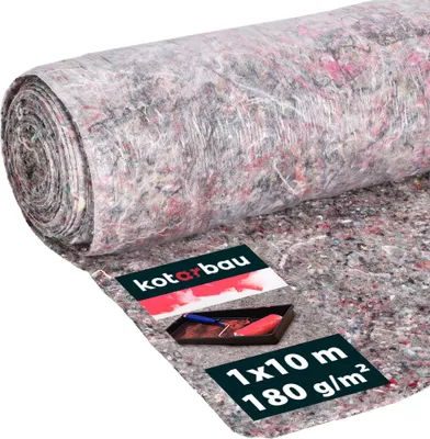 A roll of protective felt matting is shown diagonally on a white background, with labels indicating product details and a small painting tray with a roller and brush.
