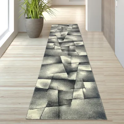Produktbild von Designer Teppich mit Konturenschnitt Karo Muster Grau Schwarz Weiss Größe - 80 x 300 cm