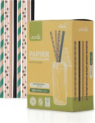 Produktbild von Trinkhalm in ECO Punkte Streifen farbig sortiert aus Papier, Ø 8 mm / 20 cm, 150 Stück in Pappkarton
