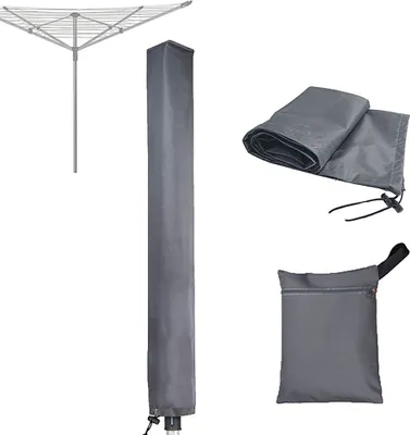 A collection of items related to a clothesline cover, including the clothesline itself, a long cover, and two smaller bags.