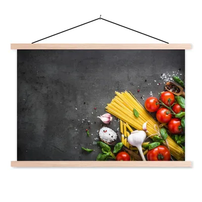 Produktbild von MuchoWow® Textilposter Nudeln - Kräuter - Tomate - Gewürze - Rustikal 120x80 cm mit holzfarbenen Rahmen - Aufhängeset