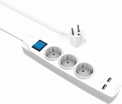 Obrázok produktu pre 3-násobná zásuvková lišta s 2x USB, vypínačom, plochou zástrčkou, 3 m, biela