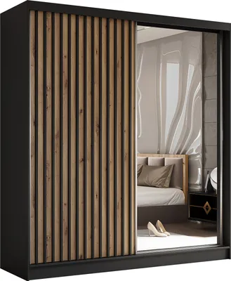 Produktbild von Masseno Schiebetürenschrank LAMELLO 200 cm Kleiderschrank Schlafzimmer Schrank 2-türig mit Spiegel und Lamellen Schwarz