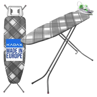 An ironing board with an iron on it, shown from a diagonal angle.