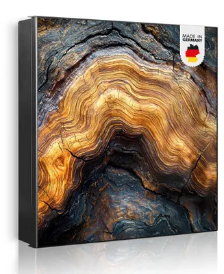 Produktbild von banjado Schlüsselkasten aus Metall, 30x30cm groß mit 32 Haken, als Magnettafel nutzbar, Korpus schwarz, Anschlag rechts, Holz Gemasert Fluss Gold [SKG2 13623]