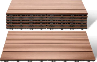 Produktbild von Faziango WPC Terrassenfliesen 1 m², 30 x 60 cm 6 Stücke, Terrassendielen mit 4 Latten in Holzoptik, für Garten Balkon Bodenbelag mit Drainage und Klicksystem, Braun